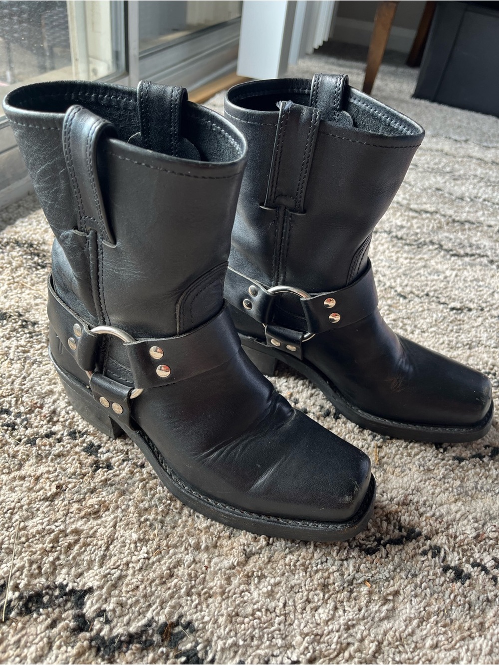 Frye Black Leather Harness 8r Moto Boots